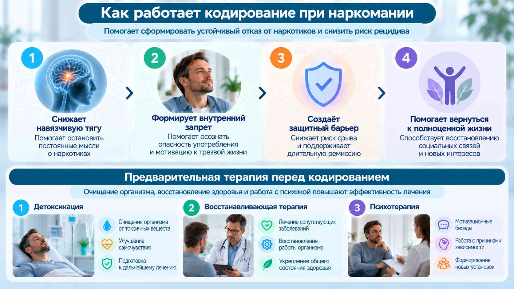 Кодирование от наркомании — подготовка и этапы лечения. Инфографика о кодировании от наркомании: подготовка к лечению, детоксикация, восстановительная терапия, психотерапия и профилактика рецидивов.